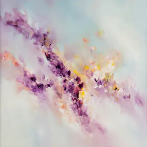 Farbenfrohes abstraktes Gemälde mit floralen Elementen, inspiriert von moderner Kunst und der kreativen Atmosphäre der Akademie für Angewandte Kunst, ideal für Kunstliebhaber und Kreative.